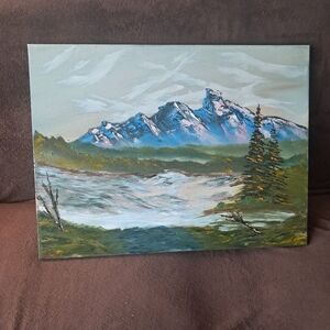 Bob Ross Inspired Oil Paint Hand Painted Canvas Palette Knife Painting Mountains